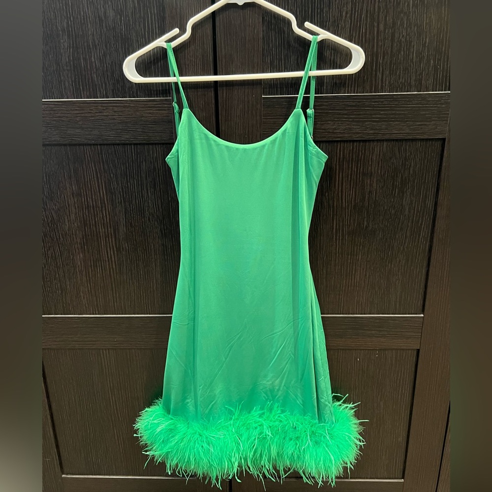 Nastygal green dress with fur trim. New with tags and never worn! Size 6.